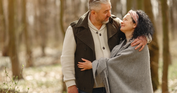 A happy couple walking